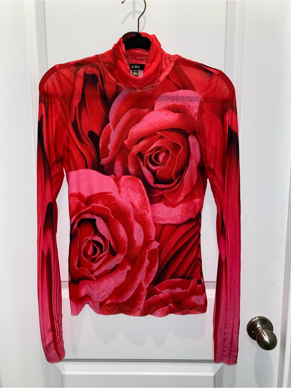 AFRM Red Rose Print Mesh Turtleneck Long-Sleeve Top